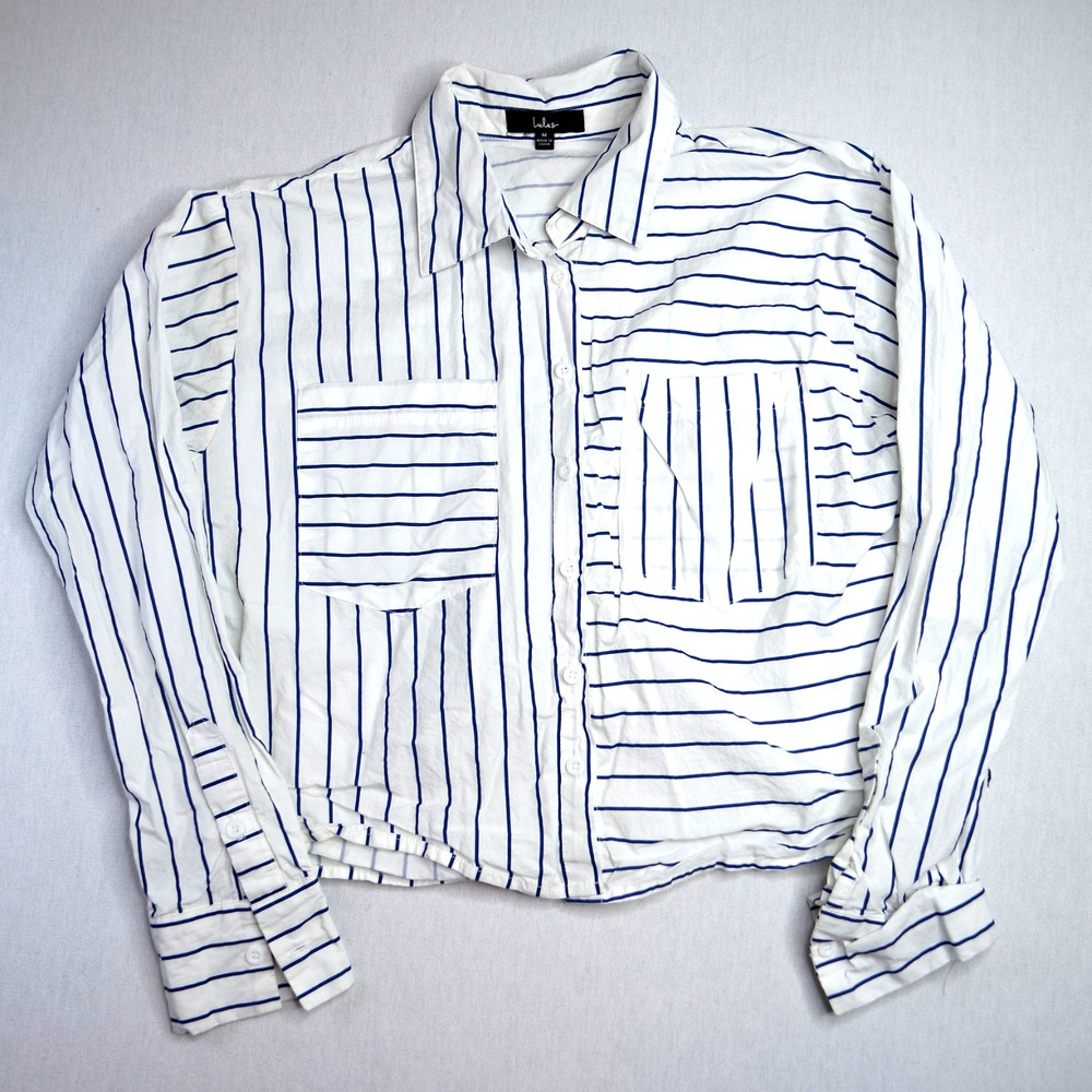 VTG Y2K Lulus Women’s Striped Button Up Shirt Cropped Blue White Long Sleeve